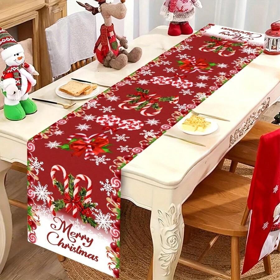 1件裝 聖誕聚酯纖維桌旗 糖果棒 雪花 冬青葉 Merry Christmas 充滿聖誕歡樂氛圍 - 彩色 - 查看 1