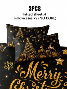 3PCS Winter Christmas Atmosphere Bedding Set, (1PC Fitted Sheet + 2pcs Pillowcases, Pillow Inserts Not Included,) Polyester Digital Print, Black & Gold Luxury Christmas Golden Reindeer & Christmas Tree Pattern, Cartoon Cozy Christmas Non-Slip Bedding Set, Machine Washable, Bedroom Holiday Home Textile - Multicolor - View 10