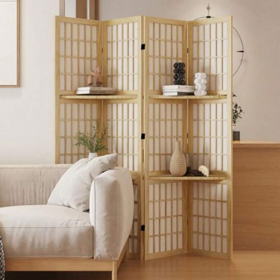 Room Divider With Shelves, .9-Inch Tall Japanese Shoji Style Wood Screen With Double Hinges For Home Office Bedroom Hotel Decoration - Natural Shelves - View 1