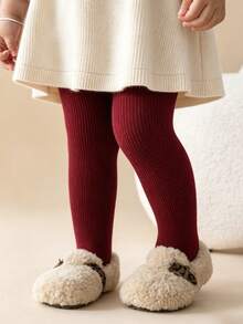 [Autumn/Winter] 1pc Baby/Toddler Leggings, Classic Burgundy Fine Vertical Stripe Design, Minimalist Fashion, Warm & Breathable, Skin-Friendly Soft & Comfortable, Casual Thin Fleece Cold-Proof Versatile, Suitable For 0-5 Years Old Autumn/Winter Daily Wear/Travel/Holiday Gift - Multicolor - View 10