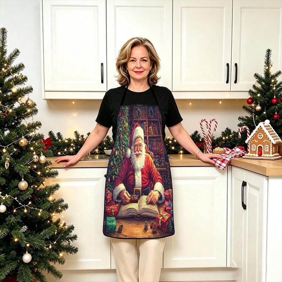 1pc Christmas Santa, Christmas Bell, Christmas Snowflake, Christmas Reindeer, Christmas Tree, Christmas Snowman, Christmas Penguin, Christmas Cartoon Animal Pattern Chef Apron, Apron, Suitable For Home Decor And Kitchen Use. Made Of 100% Polyester Material, Designed As Sleeveless Style, Perfect For Home Kitchen, Outdoor BBQ Cooking. This Printed Apron Is Unisex, Machine Washable And Reusable, An Essential Kitchen Item - Multicolor - View 1