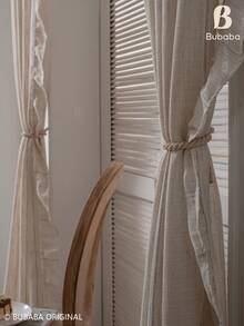Bubaba Bohemian Style Linen Texture Semi-Sheer Curtains With Ruffle Trim, Beige Striped Semi-Transparent Curtain Fabric, Suitable For Living Room And Bedroom, Rod Pocket Farmhouse Style Curtains - Beige - View 6