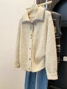 Women's Sweet Bow Tie Cardigan, Soft Fuzzy Button Up Cardigan For Coffee Date, Weekend And Christmas - Apricot - View 9