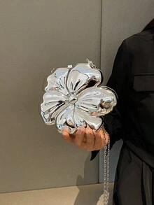 Dedoo 晚宴包－花卉迷你斜挎包，純色亮面飾面，金屬鏈條肩帶，可愛時尚女款手提包，適合約會、婚禮、派對、宴會 - 銀色 - 查看 3