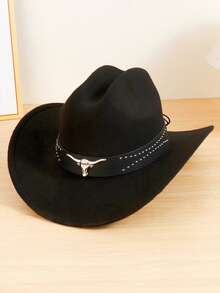 1pc Unisex Bull Head Decor Felt Hat, Casual Cowboy Hat, Elegant, Suitable For Travel, Party, Western Cowboy Theme Party And Daily Wear - Trim - View 12