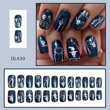 24pcs Square Wearable Nails, Blue Medium-Long Skull And Floral Pattern Fake Nails, Halloween Nail Art - Multicolor - View 3