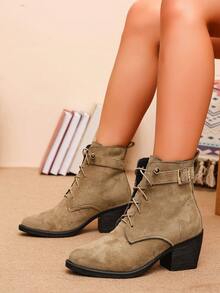 Women's Lace-Up Western Style Ankle Boots, Buckle Strap Chunky Heel Pointed Toe Boots - Khaki - View 3