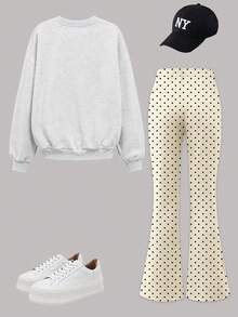 2pcs/Set Girls Outfit, Round Neck Sweatshirt With Number 23 Print Paired With Simple Casual Polka Dot Flared Pants, Comfortable Autumn/Winter New Girls Set - Light Grey - View 3