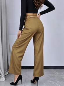 Pantalones de traje de pierna ancha de cintura alta para mujer, caído y que afina la figura, pantalones largos ligeramente acampanados con cinturón, pantalones de oficina - Caqui - Ver 2