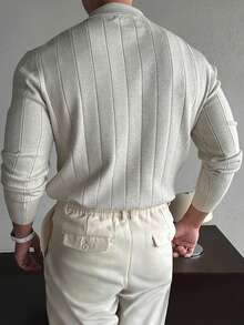 Men Knit Polo Sweater Lapel Button Long Sleeve Top, Minimal Smart Casual Shirt For Men Office Daily Commuter Outfit - Light Grey - View 2