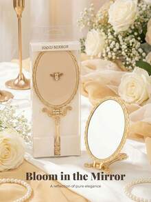 1pc Alloy Gold-Plated Handheld Makeup Mirror With Handle, Can Be Placed On Desk, Travel Portable Handheld Makeup Mirror, Exquisite Packaging, Gift For Girls And Female Friends, Mirror Surface With Protective Film - Gold - View 4