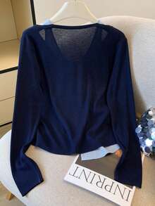 Women's Vintage Knit 2-In-1 Long Sleeve Top, Button Front, Round Neck, Regular Fit, Suitable For Autumn Wear - Navy Blue - View 2