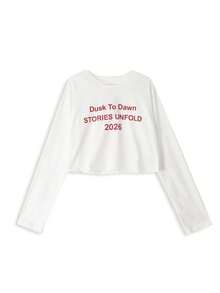 Early Spring New Letter Print Loose Round Neck T-Shirt Women Slouchy Top Casual White - White - View 5