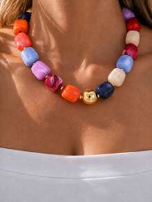 1pc Fashionable Minimalist Bohemian Colorful Chunky Beaded Necklace For Women, Summer Beach Vacation Date Party Holiday Birthday Gift, Versatile For Daily Wear (Randomly Matched Colorful Beads) - Multicolor - View 1
