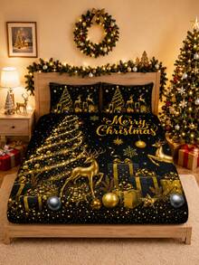 3PCS Winter Christmas Atmosphere Bedding Set, (1PC Fitted Sheet + 2pcs Pillowcases, Pillow Inserts Not Included,) Polyester Digital Print, Black & Gold Luxury Christmas Golden Reindeer & Christmas Tree Pattern, Cartoon Cozy Christmas Non-Slip Bedding Set, Machine Washable, Bedroom Holiday Home Textile - Multicolor - View 1