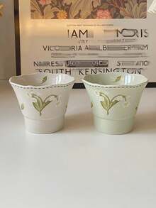 3pcs 130ml Vintage Lily Of The Valley Ceramic Tea Cups, Hand-Painted Hand-Held Ruffled Small Tea Cups, Casual Cups, Afternoon Tea Cups, Suitable For Hosting Guests, Small Capacity Coffee Cups, Home Cups, Restaurant Hand-Held Cups - Lily Of the Valley - View 3