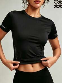 mulinsen Women's Slim Fit Quick-Dry Sports T-Shirt, Round Neck Dotted Print Fitness Running Short Sleeve Top - Black - View 5