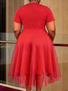 Plus Size Red A Line Tulle Dress V Neck Short Sleeves Irregular Peplum Pearl Trim Mesh Overlay Elegant Summer Wedding Guest Christmas Party Dress - Red - View 5