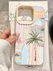 Fashionable Personalized Vacation Style Minimalist Phone Case With Surfboard, Palm Tree And Turtle Striped Pattern Design, Compatible With IPhone 17/17Pro/17ProMax/16/16Pro/16ProMax/15/15Pro/15ProMax/14/13/12/11, Suitable As Birthday, Holiday Gift For Friends, Family Or Couples - Multicolor - View 2