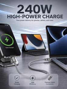 4合1多功能充電線，USB-A/USB-C輸入轉USB-C/Lightning輸出，最高240W USB-C轉USB-C快充，柔軟矽膠充電線配金屬接頭，適用於手機、平板電腦和筆記本電腦 - 灰色 - 查看 6