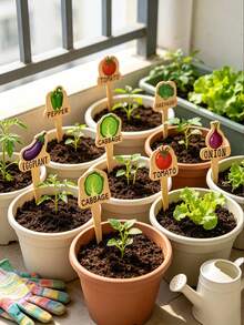 15pcs Wooden Garden Plant Labels, Minimalist Cartoon Plant Pattern, Suitable For Indoor/Outdoor Potted Plants Decoration, Reusable Markers, Gardening Enthusiasts Essential, Holiday Gift, Home Decor - Multicolor - View 3