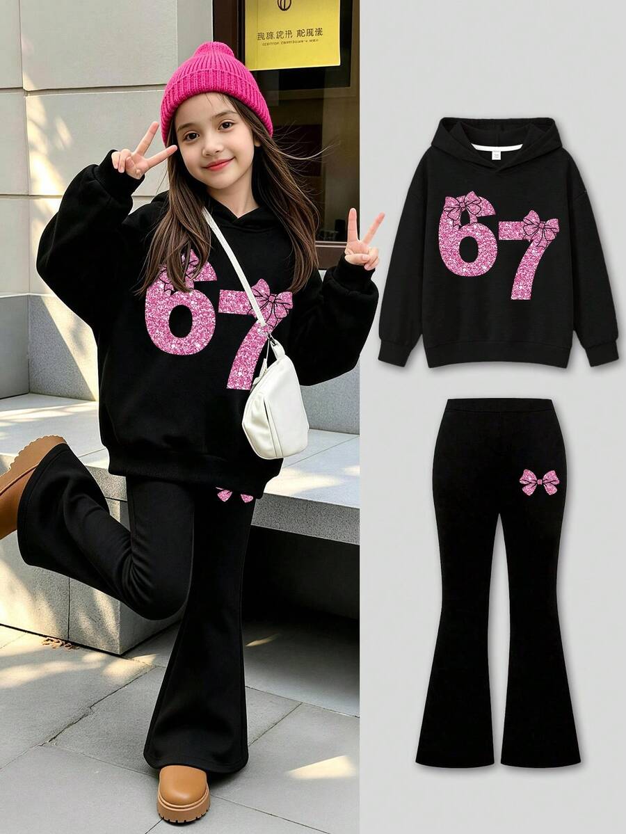 Teen Girls Fresh Sweet Digital Print Hoodie + Solid Color Print Flare Leggings 2pcs Set - Black - View 1