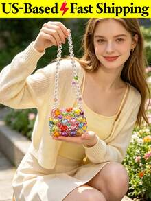 Mini Heart Shape Beaded Square Bag For Women Shoulder Crossbody Bag Cute Open Mouth Handbag Summer Mini Purse Beach Bag Birthday Gift Travel Essential - 彩色 - 查看 2