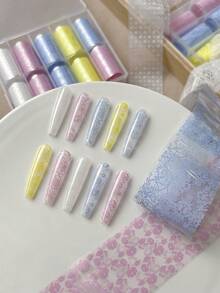 Kertas Transfer Seni Kuku Macaron Lace Stiker Bunga Jala Berongga Prancis Cetakan Dekorasi Kuku 10-Grid - MultiWarna - View 2