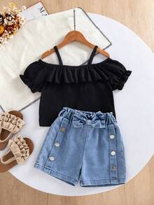 Set de 2 piezas de top con tirantes finos y volantes off-shoulder emparejado con shorts versátiles de diario con lazo y botones laterales, adecuado para uso diario, al aire libre, escuela, transporte, calle para niña joven en verano - Negro - Ver 2