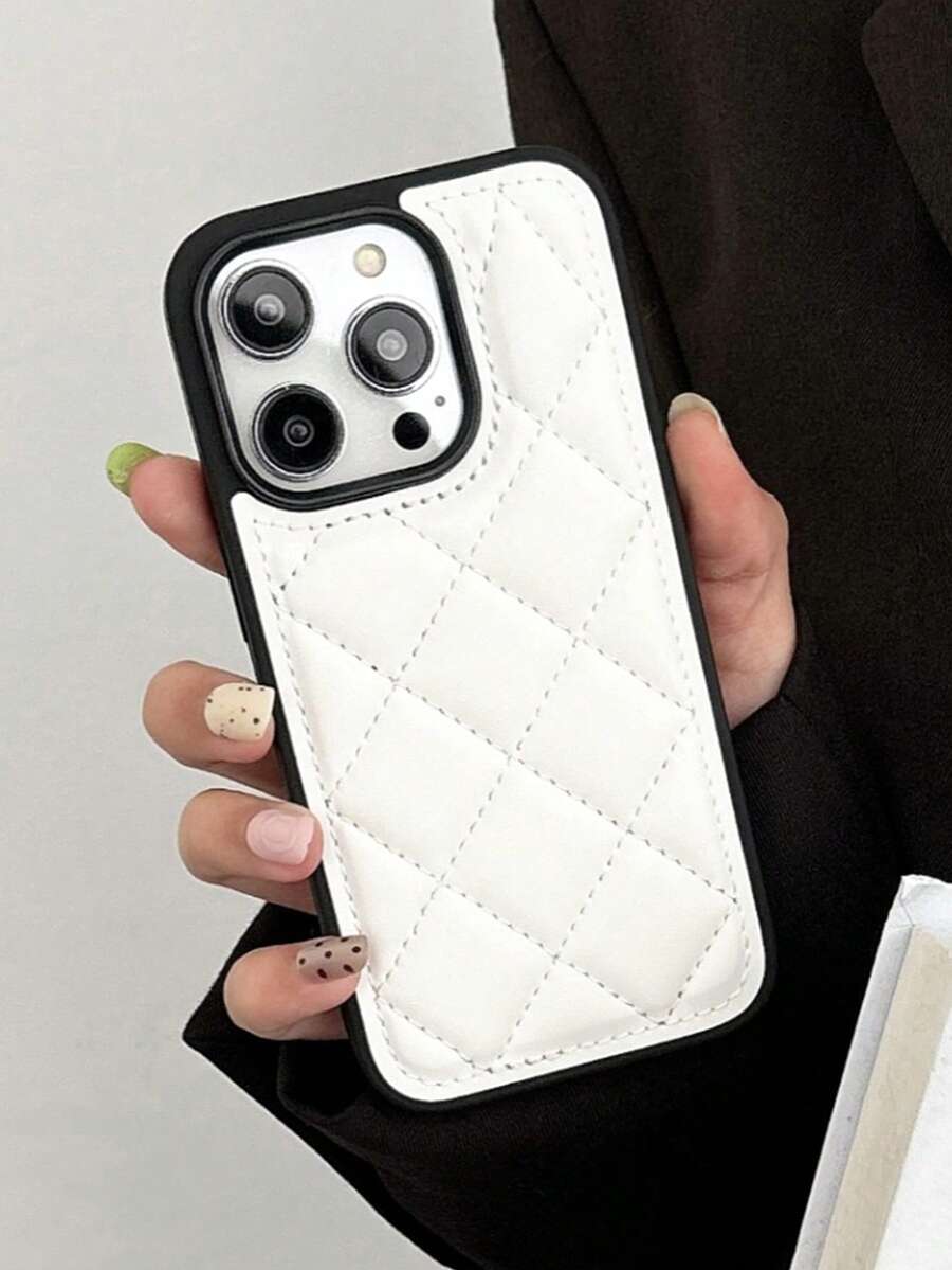 1pc Minimalist Plaid Down Jacket Style Phone Case, 17 New Model Compatible With Iphone 15/14 Pro Max, Protective Cover Compatible With Apple 17 Pro Max, 16/15 Pro, Leather 14/13/12 - White - View 1
