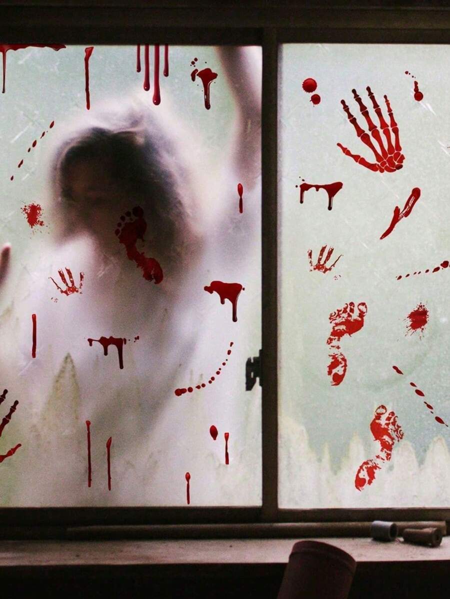 萬聖節血手印腳印窗貼,可移除可重複使用恐怖血跡貼紙,詭異殭屍骷髏血印窗戶裝飾,適用於鬼屋派對室內玻璃裝飾 - 血手印 - 查看 1