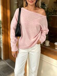 Women's Winter Pink Knit Plus Size Sweater, Asymmetric Neckline, Long Regular Sleeve - Pink - View 4