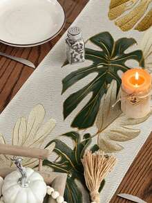 1pc Elegant Gold Tropical Monstera Leaf Print Table Runner, Summer New Modern Luxury Style Polyester Printed Long Tablecloth, Original Design Exquisite Texture, Rectangular Dining Table Decor Cloth, Home Decoration - Gold - View 3