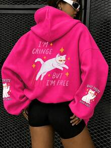 Women's Plus Size Fuchsia Hooded Sweatshirt With Playful Cat Graphic, Long Sleeve Drawstring Pullover, Suitable For Autumn/Winter, Dopamine Style, Streetwear, Versatile Loose Fit, Flattering Slimming, Suitable For Daily Wear, Layering - Hot Pink - View 2