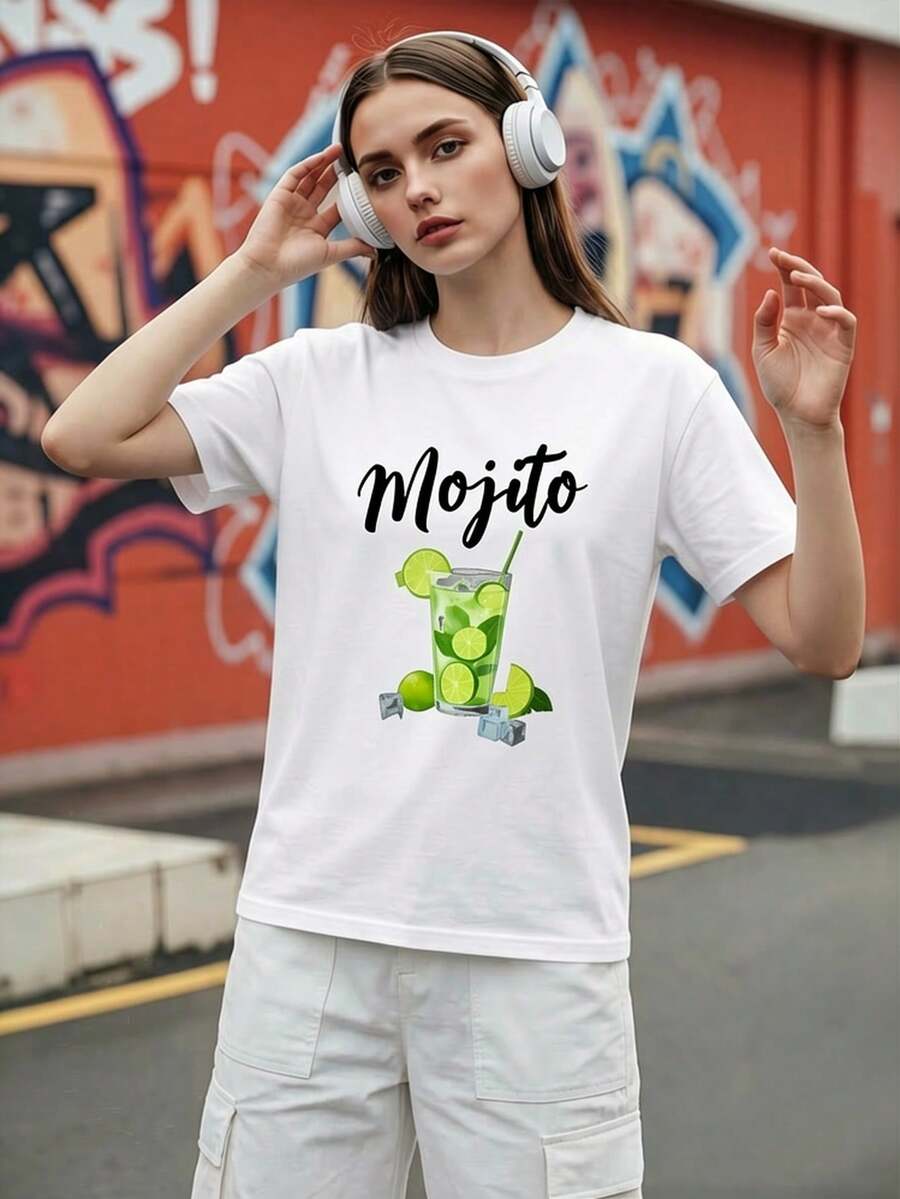 Damen T-Shirt mit Mojito Cocktail und Zitronen-Glas-Strohhalm Muster, Kurzarm, Rundhals, Lässig, geeignet für Frühling und Sommer. - Weiss - Übersicht 1