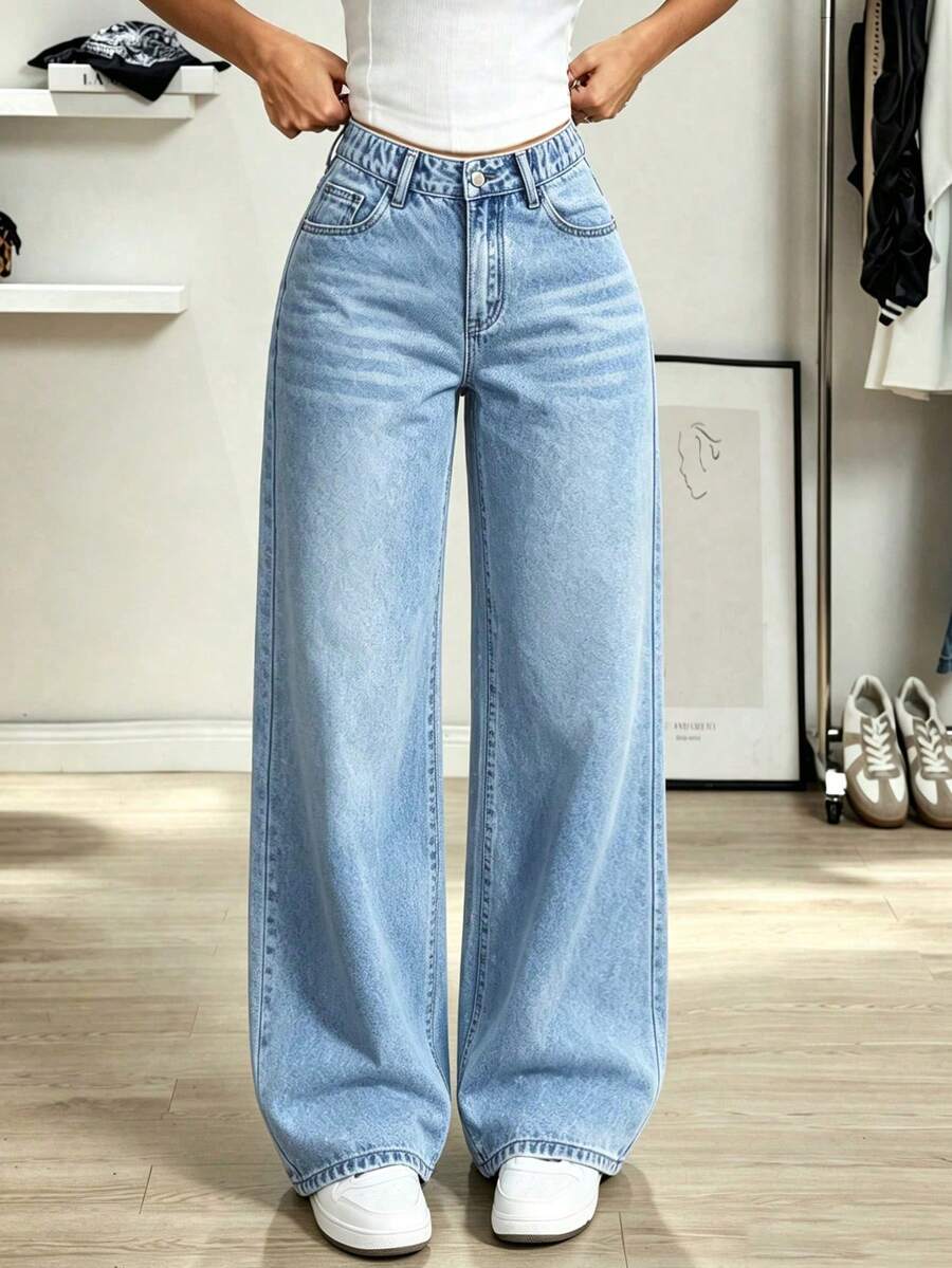 Teen Girl's Elastic Waist Design Flattering Fit Washed Wide Leg Denim Cropped, Versatile For Daily Wear - Medium Wash - View 1