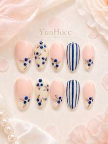 10Pcs Short Almond Handmade Press‑On Nails, Mixed Nude & Cream Base Design, Hand‑Painted Blueberry Floral Print + Blue‑White Vertical Stripes, Fresh Summer Minimalist Reusable False Nail Set For Daily Wear & Dates - Follow Your Heart - View 15
