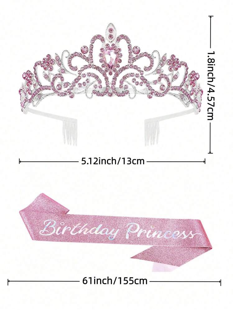 Pink Birthday Sash Ribbon Birthday Crown Headband, With Happy Birthday Crown And Sash Ribbon, For Adult Women Birthday Party Decoration - Pink - View 2