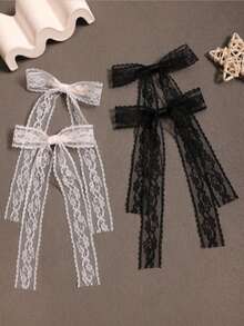 4-Piece Set Cute Japanese Black And White Lace Small Bow Hair Clip Women's Summer Side Clip Headdress Side Clip - Black and White - View 4