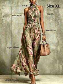 Elegant Women Green Floral Jacquard Halter Neck Long A Line Dress Sleeveless Slit Formal Events Mother Day High Waist Bodycon Maxi Dresses - 綠色 - 查看 7
