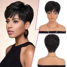 Peruca de Cabelo Humano 100% Brasileiro - Cabelo Curto de Elfo com Franja, Estilo Reto de 6 Polegadas. Densidade de 150%, Acompanha Touca de Malha Elástica, Respirável e Confortável. Adequada para Uso Diário. Peruca Feminina/Peruca Diária - Natural Black - Visão 10