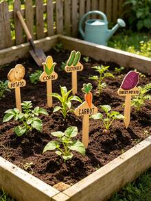 15pcs Wooden Garden Plant Labels, Minimalist Cartoon Plant Pattern, Suitable For Indoor/Outdoor Potted Plants Decoration, Reusable Markers, Gardening Enthusiasts Essential, Holiday Gift, Home Decor - Multicolor - View 1