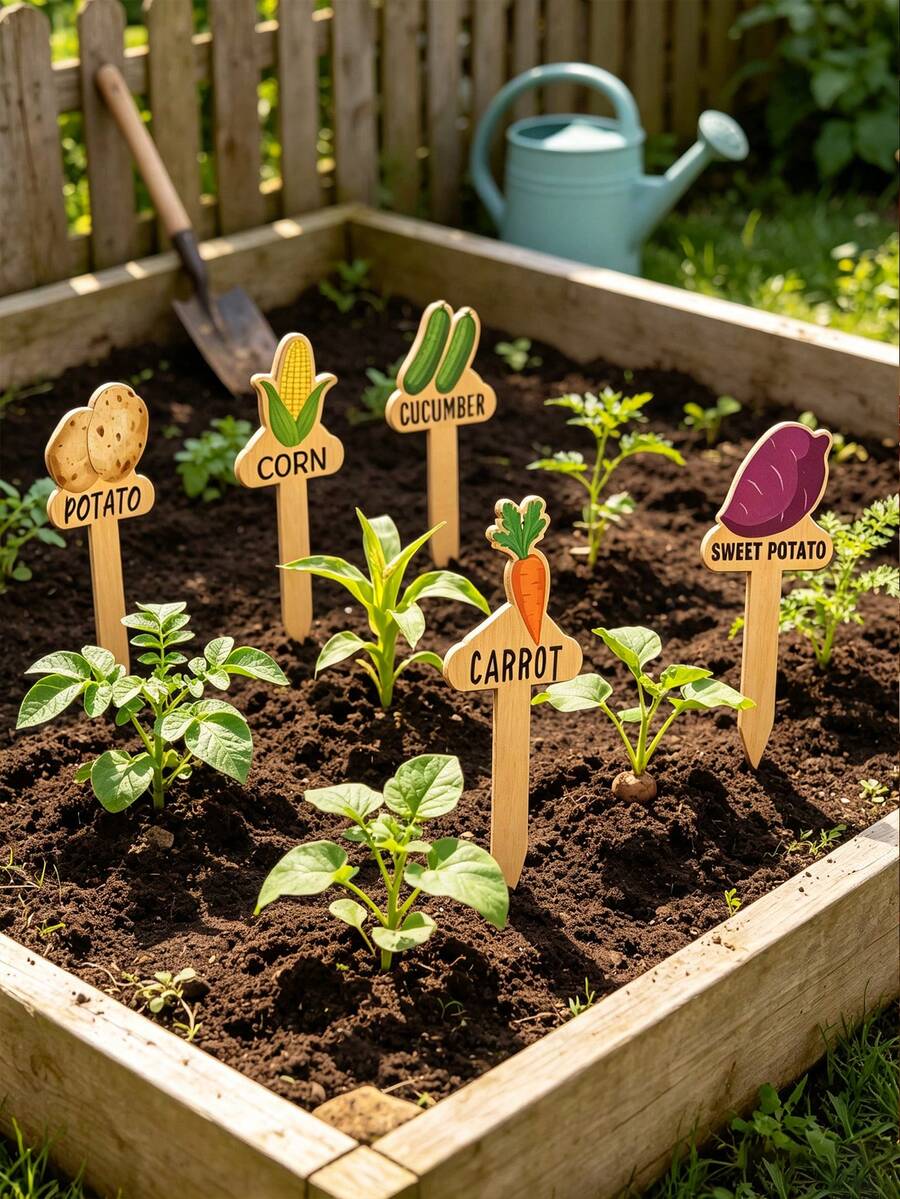 15pcs Wooden Garden Plant Labels, Minimalist Cartoon Plant Pattern, Suitable For Indoor/Outdoor Potted Plants Decoration, Reusable Markers, Gardening Enthusiasts Essential, Holiday Gift, Home Decor - Multicolor - View 1