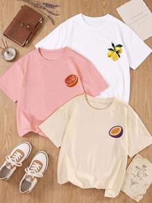 ZZG Es Trus Summer Women's "Graffiti Fruit Letter" Print Street Commute Y2K Style White+Pink+Apricot Round Neck Oversized Short Sleeve T-Shirt Set - Multicolor - View 2