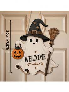 1pc Halloween Wooden Ghost Hanging Decor With Witch Hat And Ghost Door Sign, Pumpkin And Broom, Cute Rustic Welcome Wall Decor For Front Door, Home, Porch And Party Decoration - Multicolor - View 5