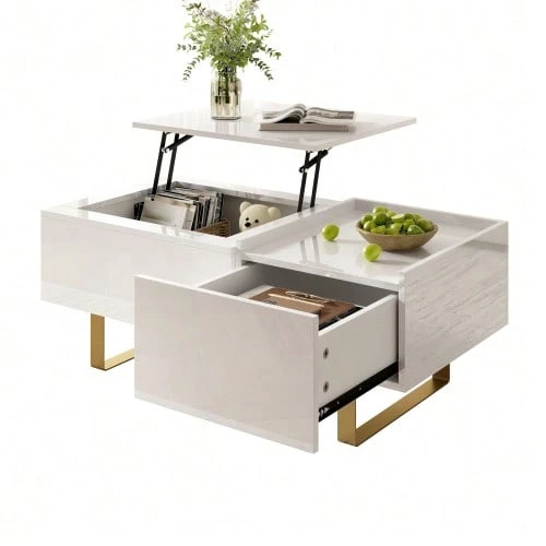Height-Adjustable Coffee Table, MDF Coffee Table With Storage And High-Gloss Finish, Coffee Table With Drawer And Iron Legs, Modern Living Room Table - White - View 1