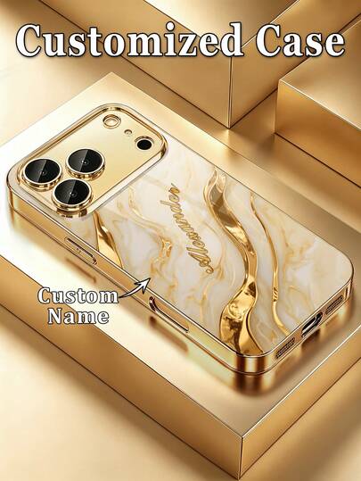 1pc DIY Customized Name Luxury Gold Marble Pattern, High-Definition Electroplated Gold Glass Phone Case Compatible With Apple Duo/18ProMax/17ProMax/16Pro/15/14Plus/13Pro/12ProMax/11/XsMax/8/7/6Plus Compatible With Samsung S24 Ultra/S25ULTRA/S26 Phone Accessories, Fashionable, Colorful, Cute, Interesting, Minimalist, Matching Phone Case, Personalized, Unique, Customized Ideal Gift For Boyfriend, Grandparents