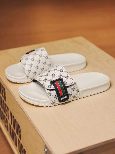 Men's Classic Floral Print Sandals, Indoor/Outdoor Plus Size Slides, Non-Slip Hook & Loop Sports Casual House Slippers