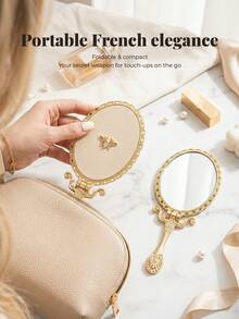 1pc Alloy Gold-Plated Handheld Makeup Mirror With Handle, Can Be Placed On Desk, Travel Portable Handheld Makeup Mirror, Exquisite Packaging, Gift For Girls And Female Friends, Mirror Surface With Protective Film - Gold - View 3