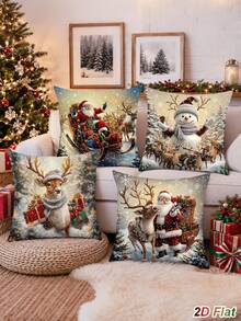 4Pcs Christmas White&Gold Pillow Covers,45*45cm Peach Skin Throw Pillowcase With Santa Claus,Snowman,Reindeer,Xmas Gifts Design,Cushion Cover,Merry Christmas Decorations,Christmas Decoration,Xmas Decor,Christmas Decor,Winter Home Decor,Living Room Bedroom Zipper Pillowcase (Pillow Insert Not Included) - Multicolor - View 10